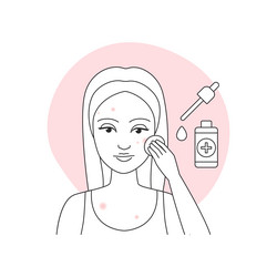 woman with pimply skin on face applying serum vector image