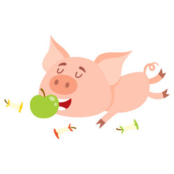 Funny little pig lying and eating apple three vector