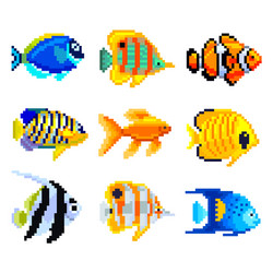 pixel exotic fish for games icons set vector image