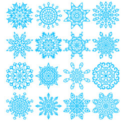 Set of sixteen snowflakes vector