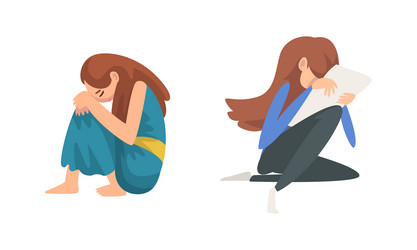 unhappy sad teen girl sitting on floor feeling vector image