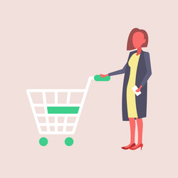 woman holding trolley cart buying products big vector image