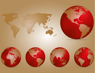 set of globes with different continents and a map vector image