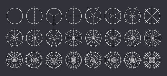 circles divided into parts from 1 to 24 outline vector image