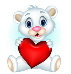 Cute little polar bear holding heart love vector