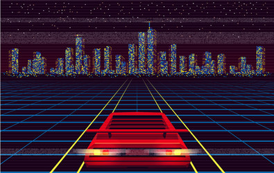 red car racing to night city over laser grid vector image