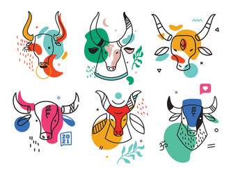 Set drawn bull abstract contemporary modern vector