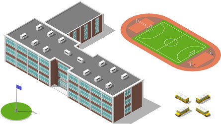 Flat 3d isometric school building bus stadium vector