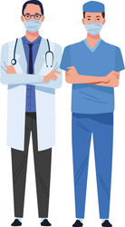 male doctor and surgeon wearing medical masks vector