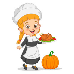 cute little pilgrim girl cartoon holding roasting vector image