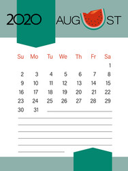 august 2020 calendar template watermelon slice vector image