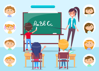 Teacher at lesson pointing on blackboard in class vector