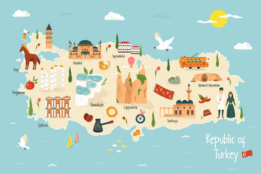 turkey map with famous landmarks icons vector image