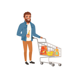 bearded man pushing shopping cart with groceries vector image