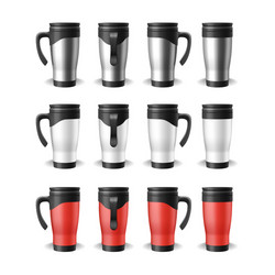 set realistic travel mugs thermoses for car vector image