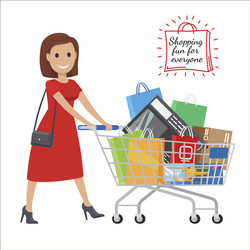 Shopping fun for everyone cartoon woman with cart vector