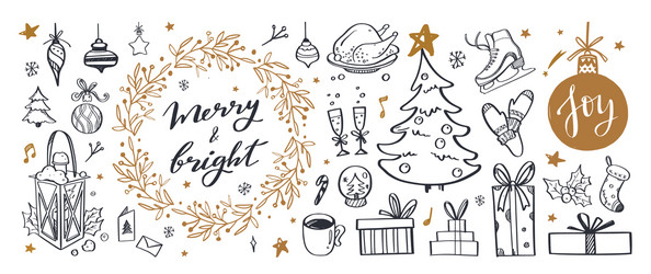 big set christmas design doodle elements vector image