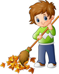 cartoon boy with broom and autumn leaves vector image