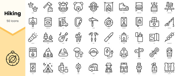 set of hiking icons simple line art style vector image