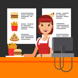 happy fast food saleswoman in uniform with cash vector image