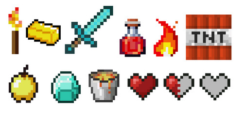 set pixel objects potion bottles fire vector image