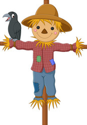 cartoon funny scarecrow with crow bird vector image