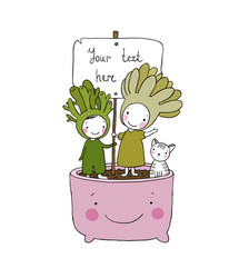 Two fairies succulent cat and pot vector