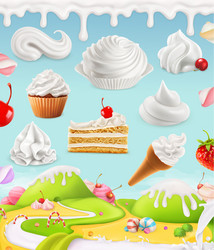 whipped cream milk ice cake cupcake vector image