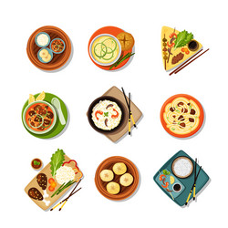 asian food with dishes top view set tasty east vector image