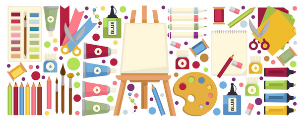 painting hobby easel and pigments pencils tools vector image