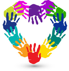 teamwork hands print heart shape logo vector image