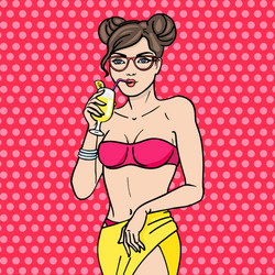 pop art young girl in glasses drink cocktail vector image