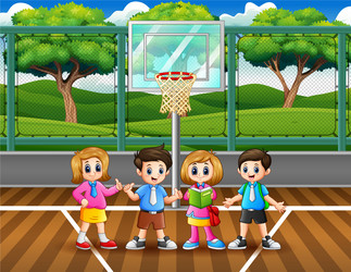 Happy school children in basketball court vector