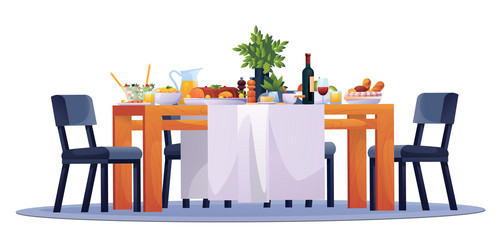 table laid festive dinner food dishes and chairs vector image