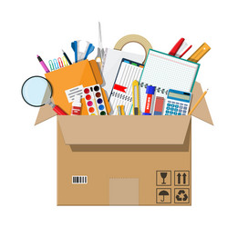 office accessories in cardboard box vector image