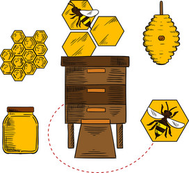 beekeeping objects with bees and beehives vector image