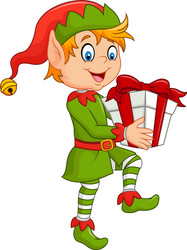 happy green elf boy holding gifts vector image