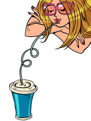 A woman drinks drink through straw refreshing vector