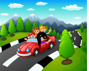 happy family traveling by red car together on natu vector image