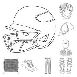 Baseball and attributes outline icons in set vector