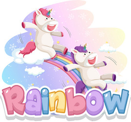 font design for word rainbow with two unicorns vector image