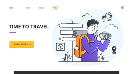 Time to travel website template with tourist vector