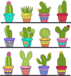 Set of isolated cactus in pots on shelf vector