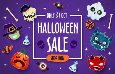 halloween sale banner pumpkin and skull emojis vector image