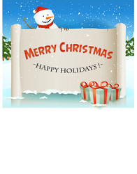 santa snowman behind christmas parchment vector image