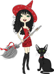 girl witch with broom and black cat vector image