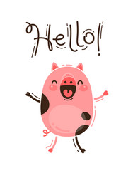 funny pig greets you hello happy pink piglet vector image