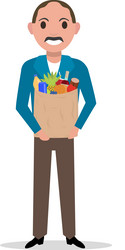 Cartoon man with market paper bag full food vector