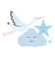 stork bird flying with cloud and star kawaii vector image