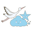 stork bird flying with cloud and star kawaii vector image